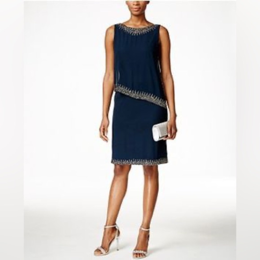 JKara Women's Sleeveless Capelet Bead Trim Popover Dress Navy Blue Size 12 $249
